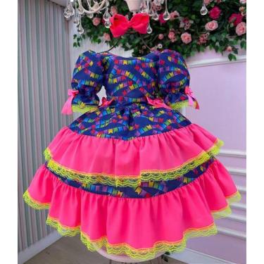 Imagem de Vestido Junino Infantil Azul Pink Luxo Bandeirinha do Amor - Festa Jun