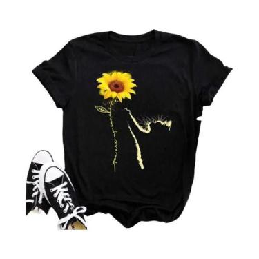 Imagem de Camiseta Feminina Preta Com Estampa De Borboleta E Girassol Kawaii, Co