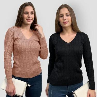 Imagem de Kit 2 Blusa Feminina Modal Tricot Traças Sueter Casual Frio - GIP, Nud