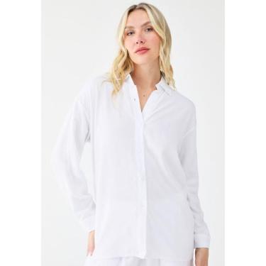 Imagem de Camisa Feminina De Linho Alongada Levosch -, Branco, M