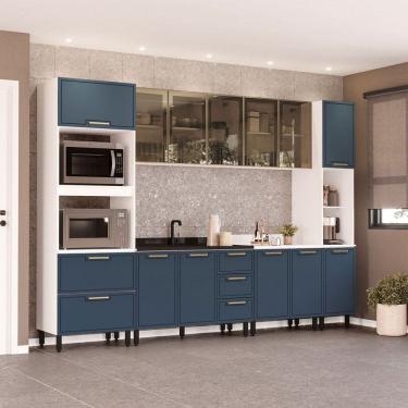 Imagem de Cozinha Completa Amara 13 Portas 4 Gavetas com Vidro 40250777 Azul/Branco - Politorno