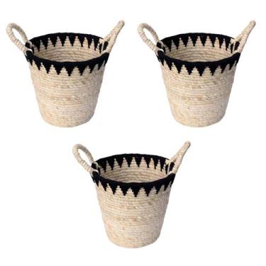 Imagem de Kit 3 Cestos De Fibra Natural E Algodão Com Alça 26X25Cm Palha Preto -