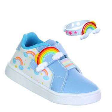 Imagem de Tenis Calçado de Criança Arco Iris Nuvem Infantil Menina Com Pulseira 