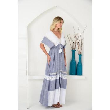 Imagem de Vestido Longo Jeans Indiano com Renda Boho Chic Feminino - Iva Indiana