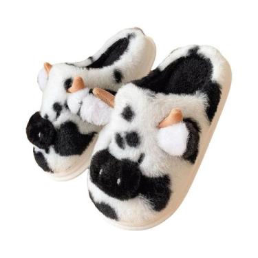 Imagem de Pantufas Femininas De Pelúcia Fofas Com Desenho De Vaca, Elegantes E M