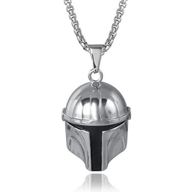 Imagem de Disney Star Wars Colar masculino de aço inoxidável com pingente de capacete Boba Fett oficialmente licenciado, corrente de elos quadrados de 56 cm, Aço inoxidável, não aplicável,