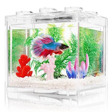 Imagem de Oltraman Tanque de peixes Betta pequeno, kit de aquário com iluminação LED, conjunto de tanque de peixes empilhável de 1 litro, acessórios de aquário para tartaruga réptil, camarão, insetos como