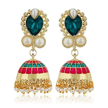 Imagem de Brincos de Jumka com pedras e pérolas femininos em minakari dourado tradicional da Moonstrike (verde)