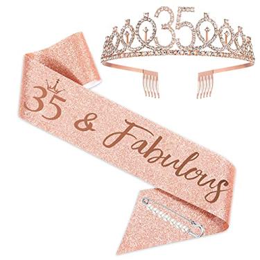 Imagem de Faixa e tiara de aniversário de 35 anos para mulheres, coroa de faixa de aniversário de ouro rosa 35 e faixa fabulosa para mulheres, presentes de aniversário de 35 anos para suprimentos de lembrancinha de festa de aniversário de 35 anos