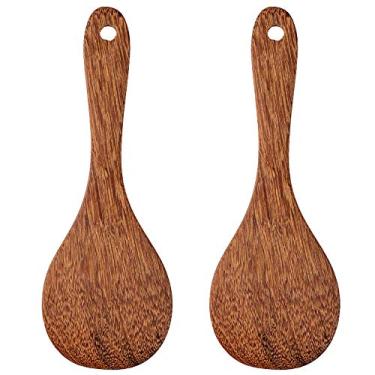 Imagem de Conjunto com 2 utensílios de espátula de arroz de madeira para cozinha com espátula de arroz e pinças de salada para servir arroz