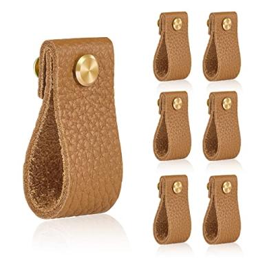 Imagem de Puxadores de cômodas de couro, puxadores de gaveta de couro com reposição de latão dourado moderno de puxadores de armário de metal tradicional, puxadores de couro para cômodas, puxadores de couro, puxadores de couro (marrom claro 6 peças)