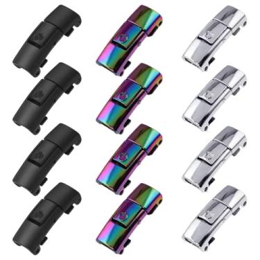 Imagem de YINARONG 12 atacadores com fivela de metal rápido e fácil cadarço sem fecho de fivela logotipo para crianças e adultos (preto, prata e iridescente), Preto, prata e iridescente, 0.98 inch