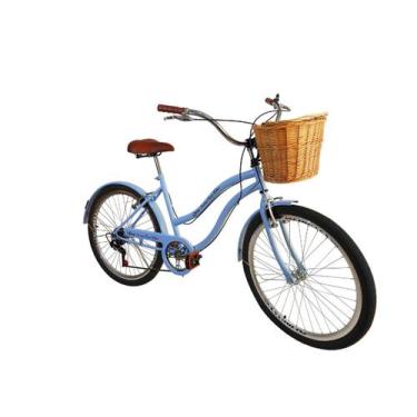 Imagem de Bicicleta Aro 26 Retrô Vintage Com Cesta Vime 6V Azul - Maria Clara Bi