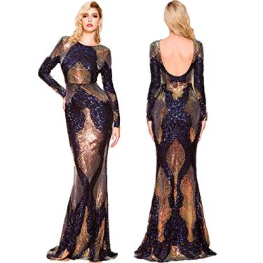 Imagem de Vestido longo sereia para noite coquetel vestido de festa formal longo vestido de baile manga longa elegante vestido maxi de lantejoulas, azul, M (peito: 87 cm)