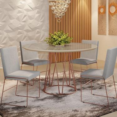 Imagem de Conjunto Sala de Jantar Mesa 110cm Tampo MDF Laqueado/Vidro com 4 Cadeiras Dubai Mais Decor Linho Cinza Claro/Cobre/Off White