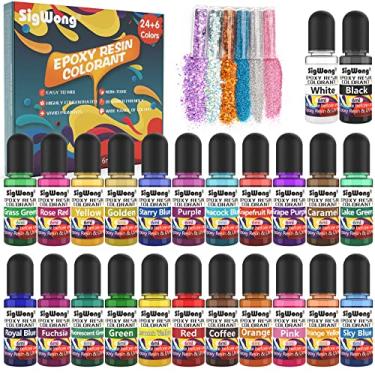 Imagem de Pigmento de resina epóxi – 24 cores líquido translúcido, corante de resina epóxi altamente concentrado para fazer joias, pintura, artesanato – 6 ml cada, com 6 cores de glitter de resina