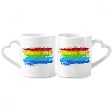 Imagem de Stippling Rainbow Gay LGBT Conjunto de canecas de porcelana para casais com alça de coração