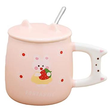 Imagem de seelucky Caneca de coelho com tampa colher 3D caneca de morango xícara de café de coelho de cerâmica xícara de chá presente de aniversário escritório casa (coelho morango, 350 ml)