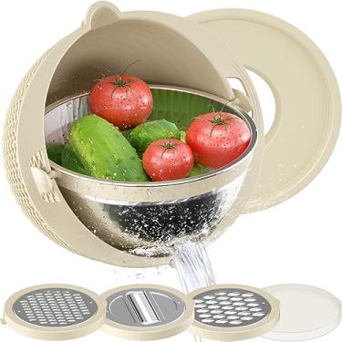 Imagem de Conjunto de escorredor 4-1 com tigela, coador rotativo para cozinha, escorredor de alimentos, presentes engraçados, higienizador de frutas e vegetais, utensílio essencial para cozinha, bonito – bege