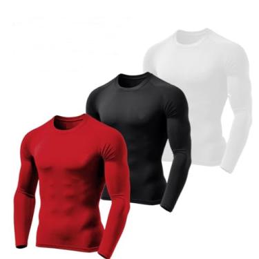 Imagem de Kit 3 Camisetas Masculinas Segunda Pele Térmica Proteção Solar Uv 50+ Manga Longa Dry Fit (G, Vermelho/Preto/Branco)