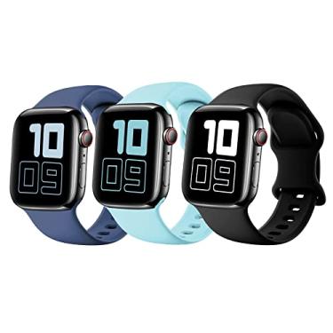 Imagem de [Pacote com 3] Pulseira de silicone compatível com Apple Watch para crianças, pulseiras de substituição esportivas macias para iWatch séries 8, 7, 6, 5, 4, 3, 2, 1 SE, 42 mm, 44 mm, 45 mm, pulsos pequenos para meninos e meninas ou adultos - preto + azul marinho + verde
