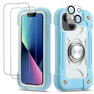 Imagem de Cookiver Capa para iPhone 13 Mini/iPhone 12 Mini de 5,4 polegadas com suporte de anel, com 2 películas de vidro + 1 pacote de protetor de lente de câmera, capa resistente de grau militar (azul gelo)