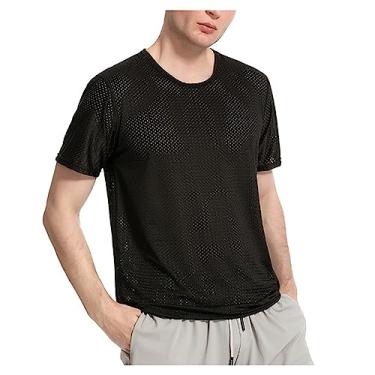 Imagem de Camiseta masculina atlética manga curta malha oca lisa secagem rápida camiseta de treino suave, Preto, XG