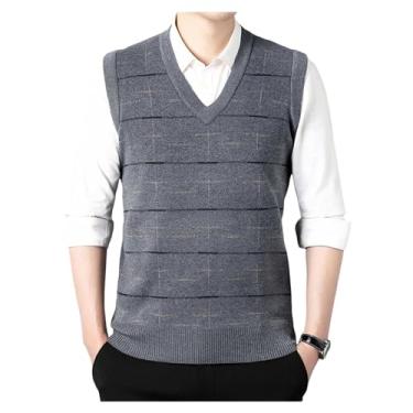 Imagem de Suéter masculino colete jacquard gola V pulôver sem mangas tricotado quente suéter inferior, Cinza-claro, M