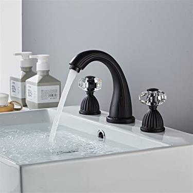 Imagem de Torneiras de lavatório de banheiro, torneiras montadas em deck cromado polido em latão, 3 furos duplos com alça de broca Torneira de água quente e fria (Cor: Preto)
