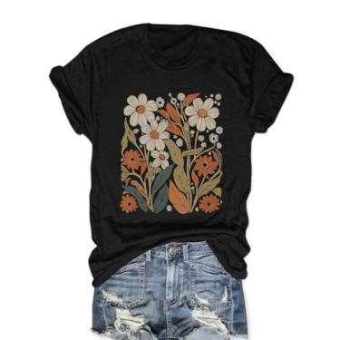 Imagem de Camiseta feminina vintage inspirada em flores silvestres boho retrô boêmias camisetas de manga curta, Preto, P