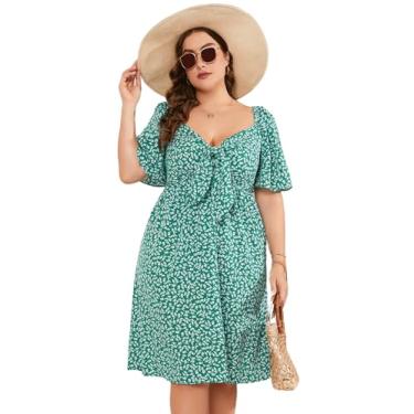 Imagem de Vestido plus size feminino, decote em V, frente atado, transpassado, evasê, plus size, comprimento no joelho, vestido midi rodado para mulheres curvilíneas, Verde F, XXG