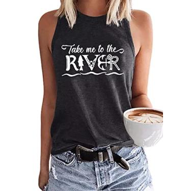 Imagem de Camiseta regata feminina Take Me to The River com âncora gradiente costas nadador casual verão com letras gráficas básicas sem mangas, Cinza-escuro, XG