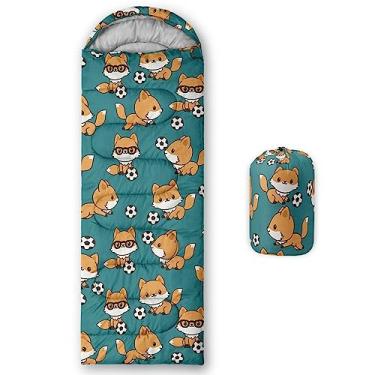 Imagem de AILONEN Saco de dormir azul com estampa de raposa, saco de dormir 3 estações, quente e frio, meninos, meninas, viagem, acampamento, ao ar livre, leve e impermeável, saco de dormir confortável com