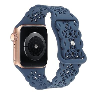 Imagem de Pulseiras de silicone de renda compatíveis com Apple Watch Series Ultra 8, SE 7, 6, 5, 4, 3, 2 e 1 de 40 mm, 41 mm, 38 mm, 42 mm, 44 mm, 45 mm, 49 mm (42 mm/44 mm/45 mm/49 mm, azul marinho)
