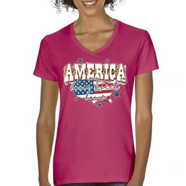 Imagem de Camiseta feminina America My Home Sweet Home gola V 4th of July Stars and Stripes Pride American Dream Patriotic USA Flag Tee, Rosa choque, G