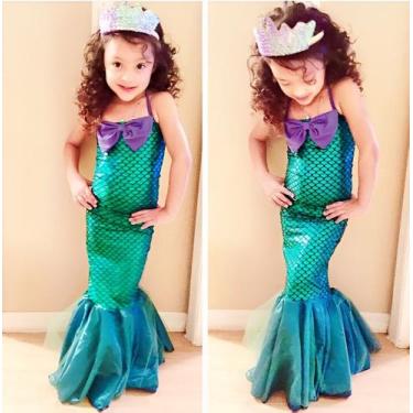 Imagem de Vestido Fantasia Infantil Halloween Carnaval Sereia Ariel Verde E Rosa