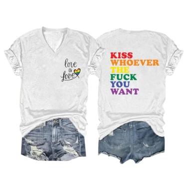 Imagem de Camiseta feminina Pride Gay com letras inspiradoras, estampa de coração arco-íris, verão, casual, túnica solta, Branco, M