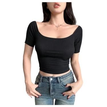 Imagem de GORGLITTER Camisetas femininas com ombros de fora, manga curta, caimento justo, Preto, M