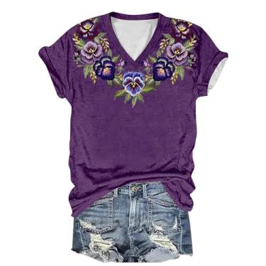 Imagem de Camiseta feminina Alzheimers Awareness com estampa floral roxa de Alzheimer, manga curta, gola V, casual, verão, elegante, #Roxo, XXG