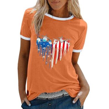 Imagem de Camiseta feminina com bandeira americana 4 de julho, vermelho, branco, azul, listras, estrelas, estampado, manga curta, gola redonda, casual, verão, engraçado, Laranja, 3G