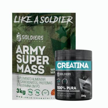 Imagem de Kit: Hipercalórico Army Super Mass - 3Kg + Creatina Monohidratada Pote 300G - 100% Pura Importada - Soldiers Nutrition Cookies