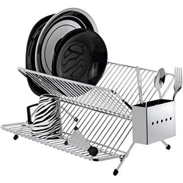 Imagem de Escorredor de Louça em X Laminado Cromado 20 Pratos Porta Talher em Inox Organização Cozinha