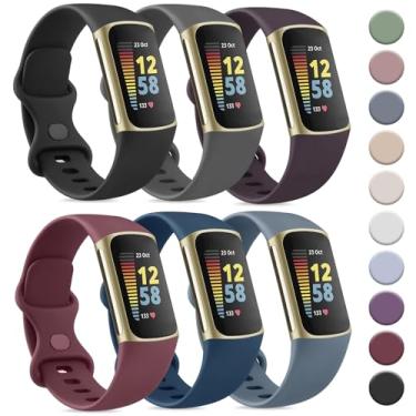 Imagem de Tobfit Pacote com 6 pulseiras esportivas compatíveis com Fitbit Charge 6/Fitbit Charge 5 para mulheres e homens, pulseiras de substituição de silicone macio à prova d'água, compatíveis com Fitbit Charge 5/Charge 6 Fitness Tracker, grande