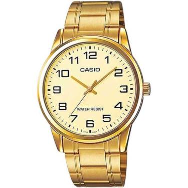 Imagem de Casio Relógio masculino #MTP-V001G-9B padrão dourado de aço inoxidável fácil de ler, Dourado, Casual