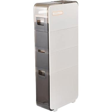 Imagem de Armário de piso de banheiro de 2/3/4 camadas, cômoda grande e estreita independente, com gavetas e rodas transparentes Torre de gavetas de armazenamento de banheiro fino, para pequenos espaç