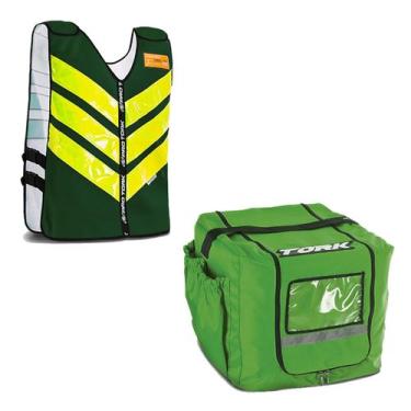 Imagem de Kit Motoboy Mochila Térmica 16 Marmitas + Colete Refletivo Verde Xgg -