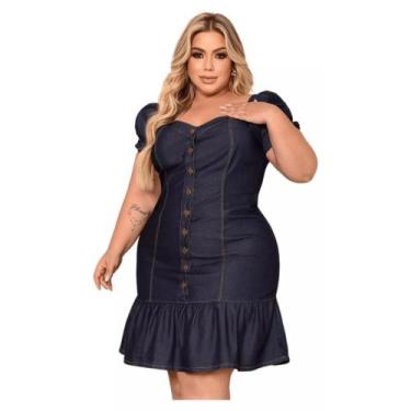 Imagem de Vestido Jeans Peplum Moda Maior Evangélica Sem Lycra Midi Plus Size Jo