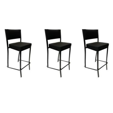 Imagem de Kit 3 Banquetas alta para cozinha Empilhável preta assento e encosto e