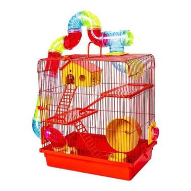 Imagem de Gaiola Hamster Grande 3 Andares Luxo Tubo Rodinha Vermelho - Jelplast