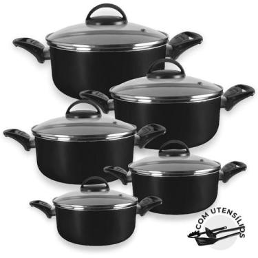 Imagem de Jogo de Caçarolas Antiaderente Tampa de Vidro 05 Peças Panelas + Utens